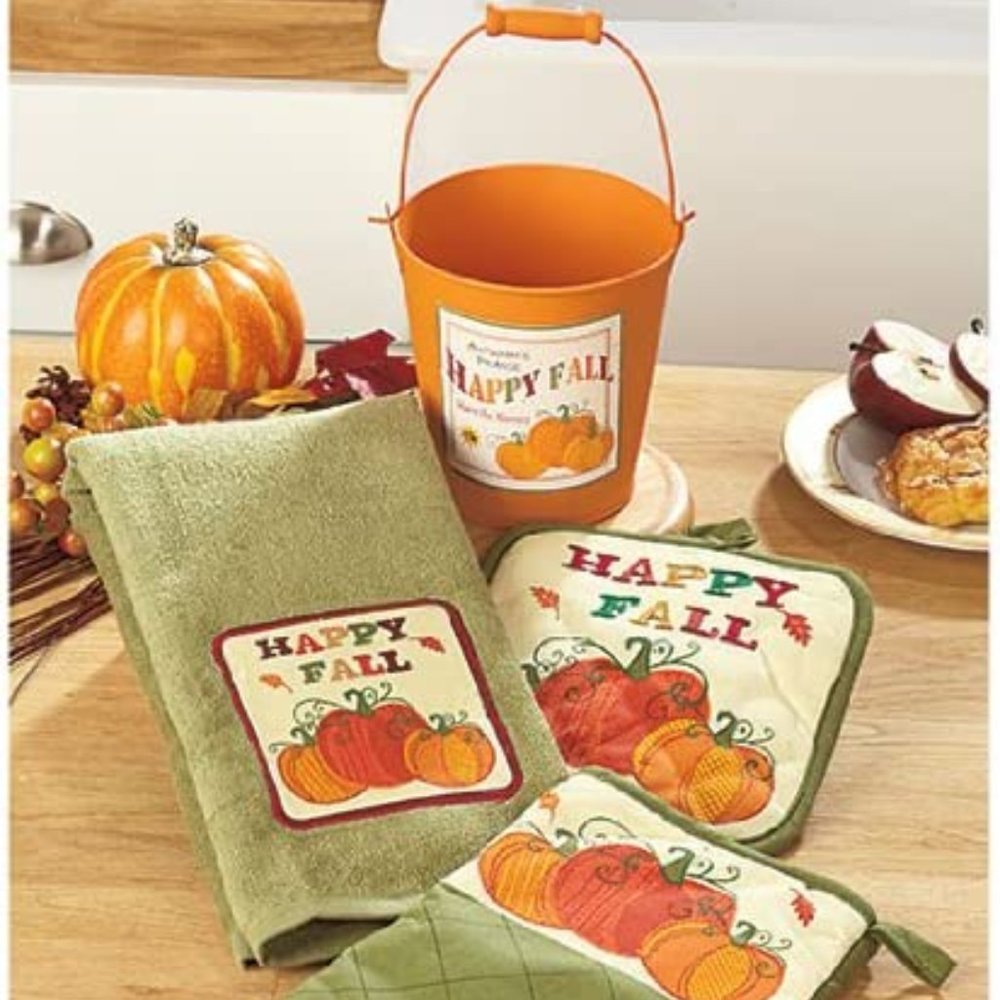 4PC HARVEST HOLIDAY GIFT PAIL HAPPY FALL GREEN/ORANGE COLORS